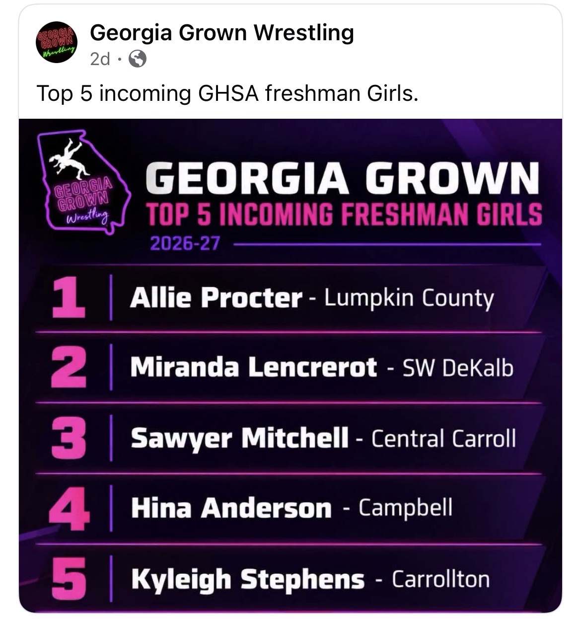Georgia Grown Wrestling’s 2026–27 top five incoming freshman girls: Kyleigh Stephens of Carrollton is ranked number 5.