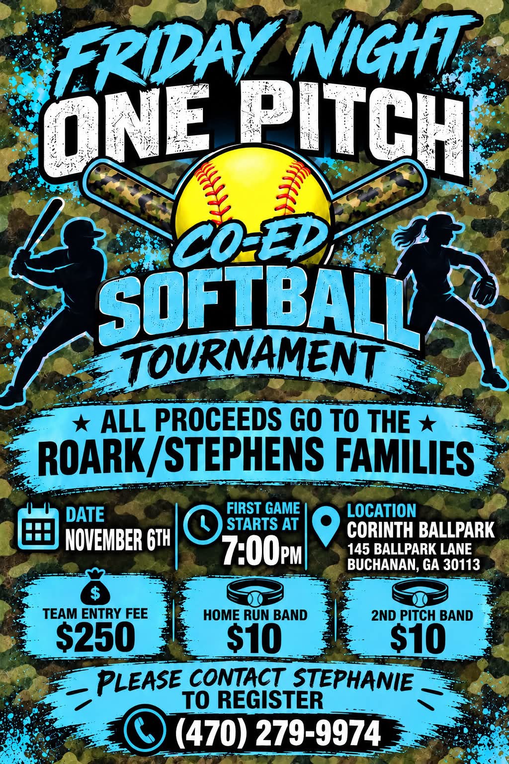 Updated Friday Night One-Pitch co-ed softball tournament flyer: November 6 at 7:00 PM, Corinth Ballpark